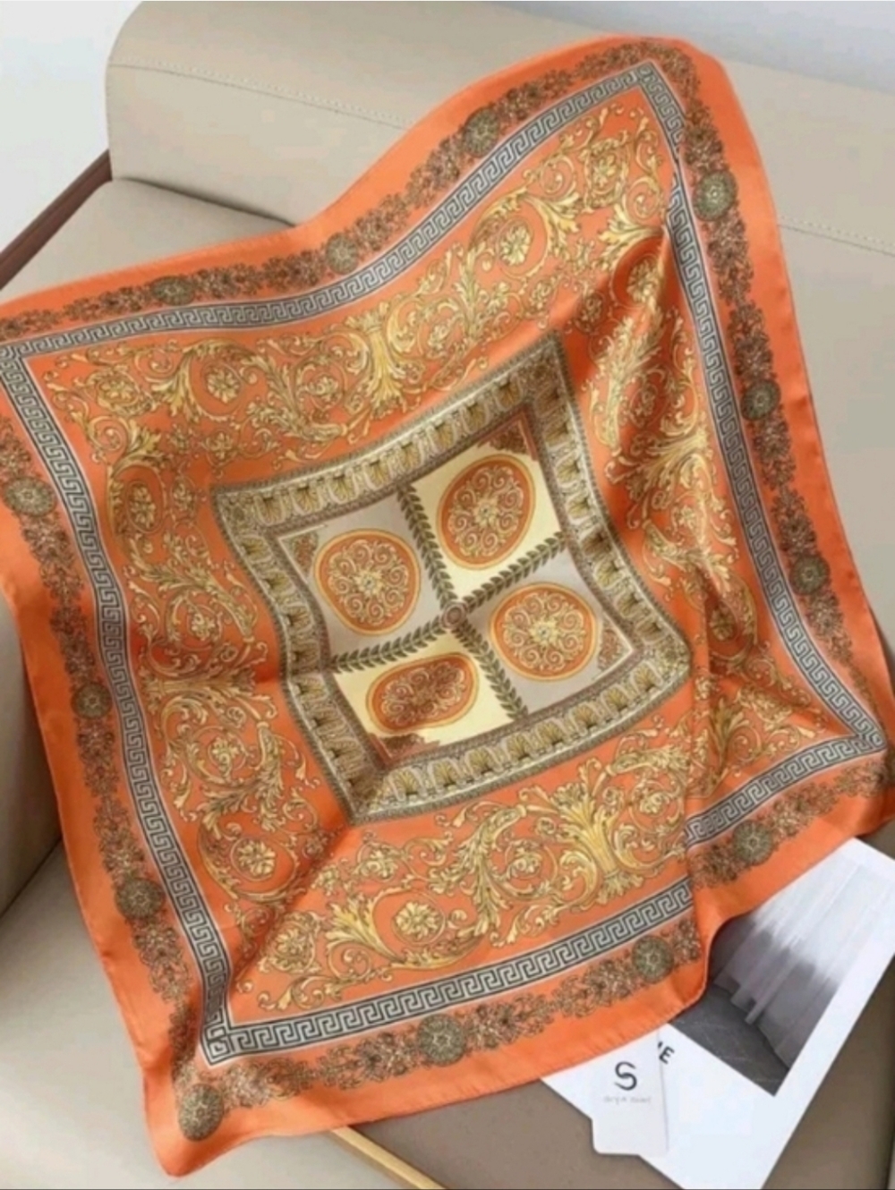 Silk-feel  Orange and Gold  Scarf Head Scarf , Neck Scarf